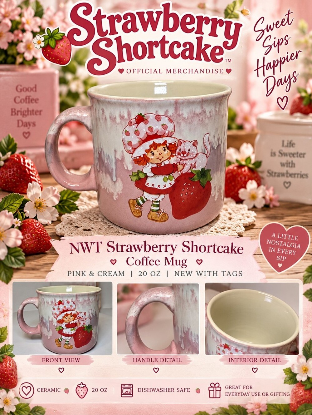 🍓 NWT Strawberry Shortcake Coffee Mug Pink Strawberry